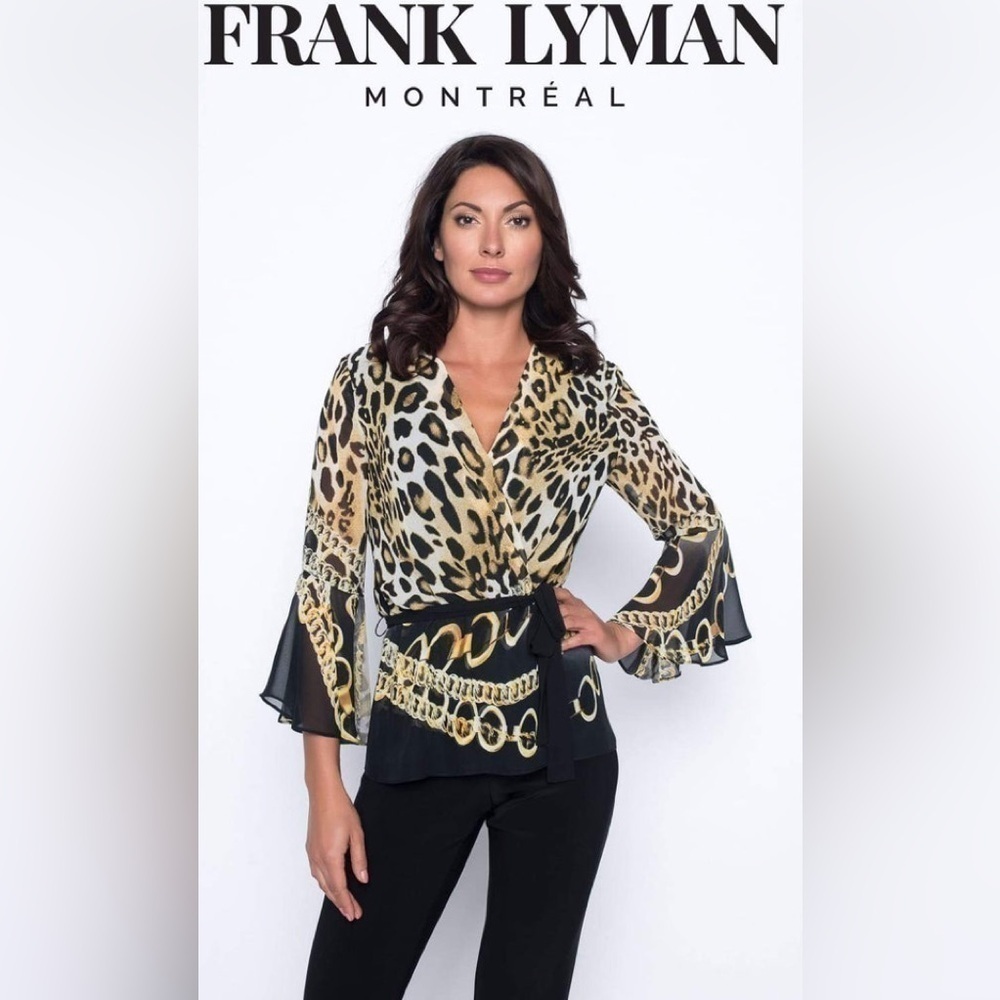 FRANK LYMAN LEOPARD CHEETAH CHAIN PRINT CHIFFON WRAP BLOUSE Sz 14